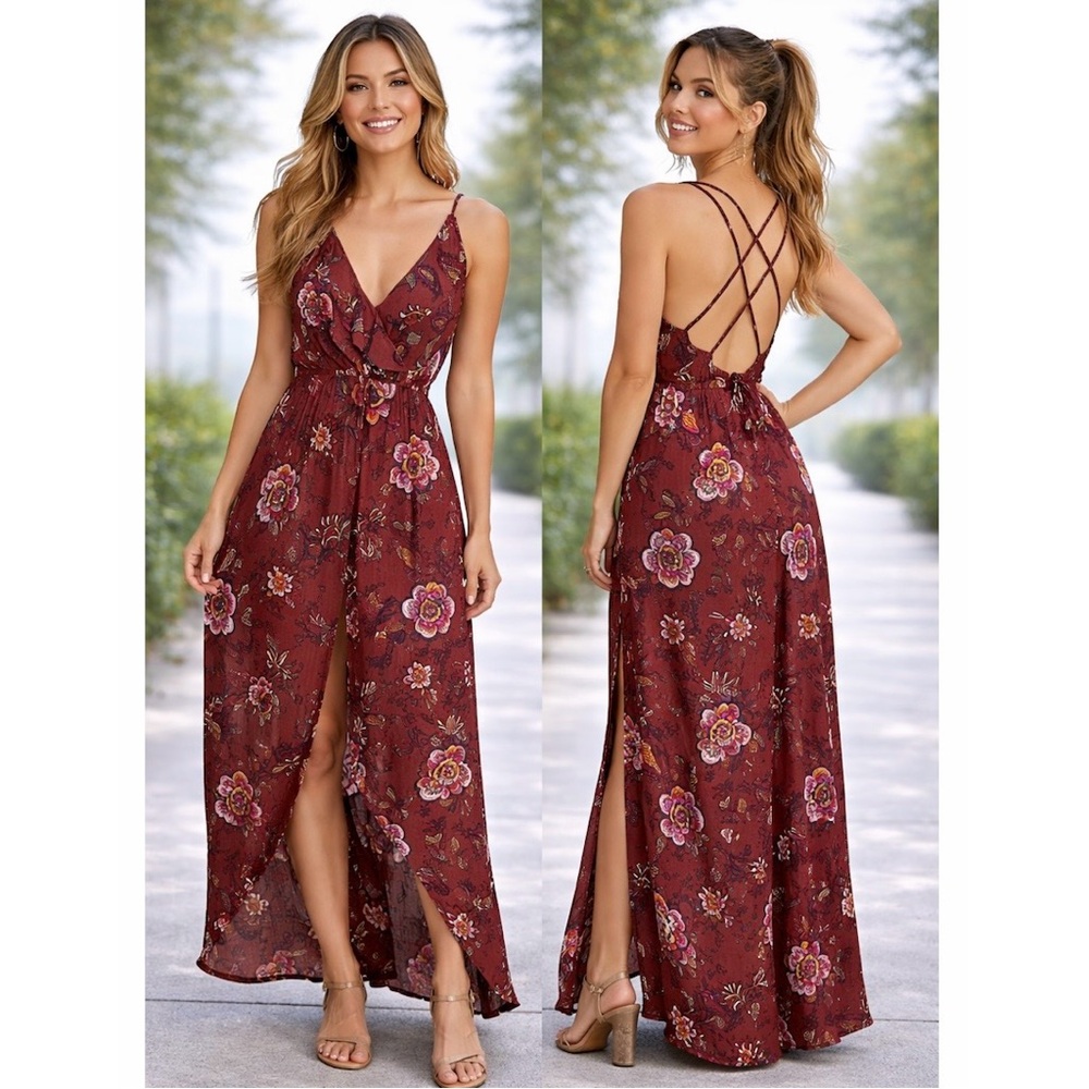 ASTR The Label NWT Rust Floral Ruffle Surplice High-Low Maxi Dress Size Small